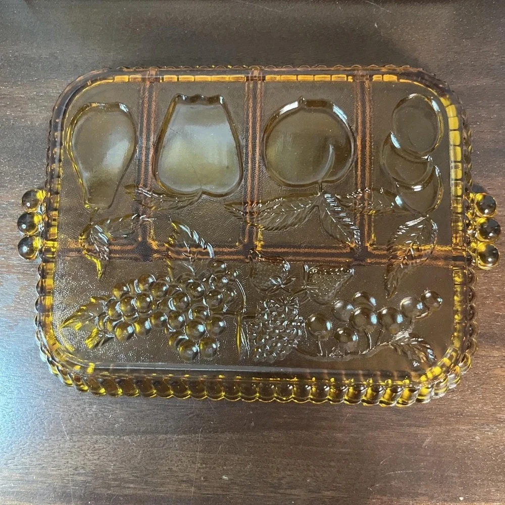 Vtg Indiana Glass Golden Amber Fruit Embossed 5 Part Divided Relish Tray Platter